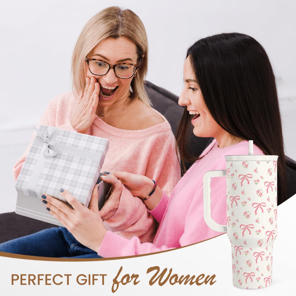 Bow Tumbler with Handle 40oz, Stainless Steel Insulated Tumblers Coffee Travel Cup with Slider Straw Lid, Gifts for Women Teen Girls Birthday