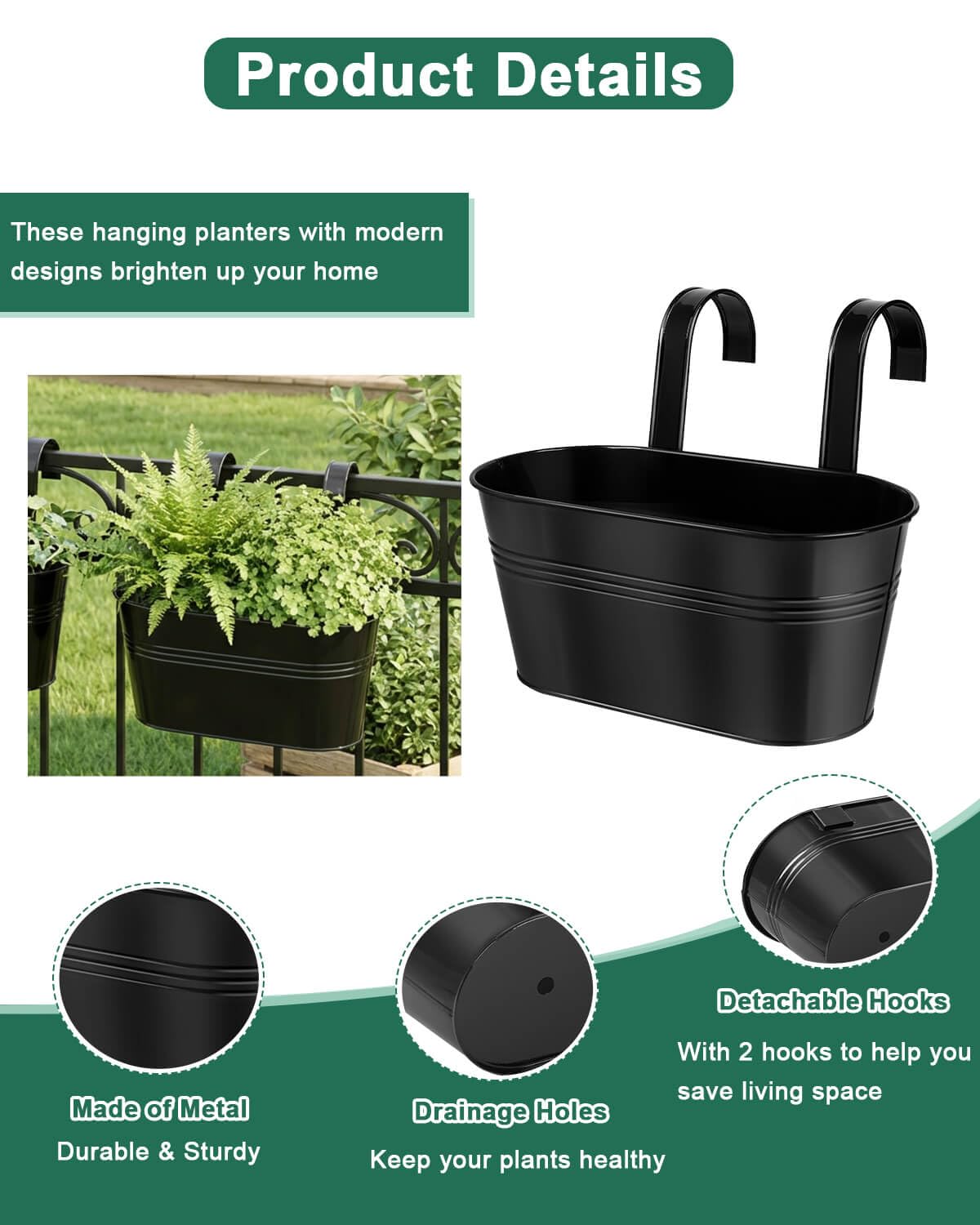 vensovo Metal Railing Planter for Outdoor Plants - 5 Pack Balcony Hanging Planter Box with Detachable Hooks and Drain Holes Oval Hanging Pots Fence Planters for Railing Garden Fence, Black