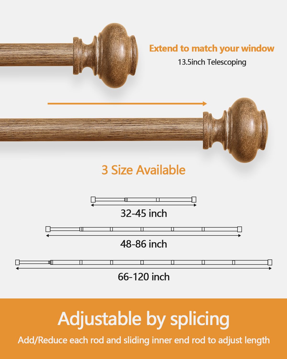 Wood Curtain Rods for Windows 48 to 84 Inch, 1 Inch Adjustable Curtain Rod Heavy Duty Wood Grain Boho Drapery Rods Decorative Farmhouse Rustic Outdoor Curtains Rod