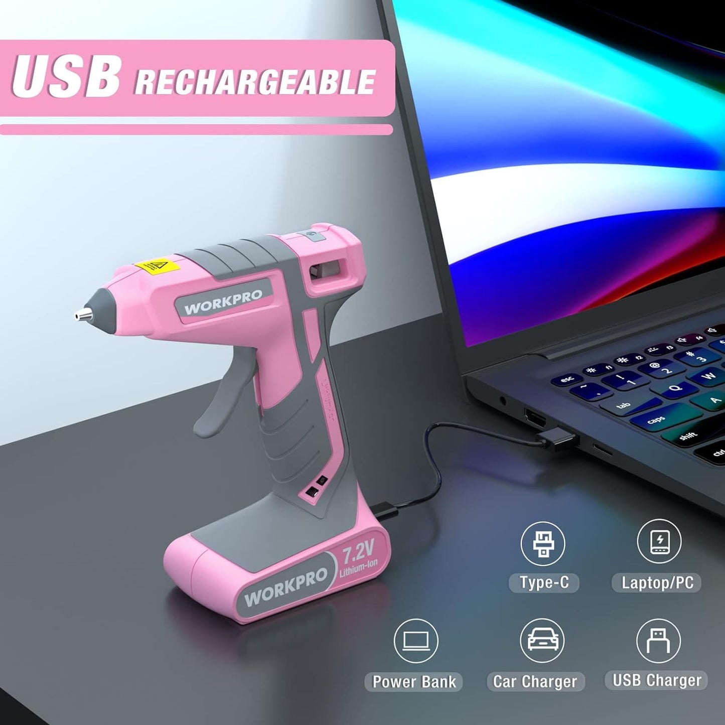 WORKPRO Pink Cordless Hot Melt Glue Gun, 7.2V Rechargeable Fast Preheating Glue Gun Kit with 20 Pcs Premium Mini Glue Stick, Use While Charging, Automatic-Power-Off Glue Gun for Art, Craft, Decoration