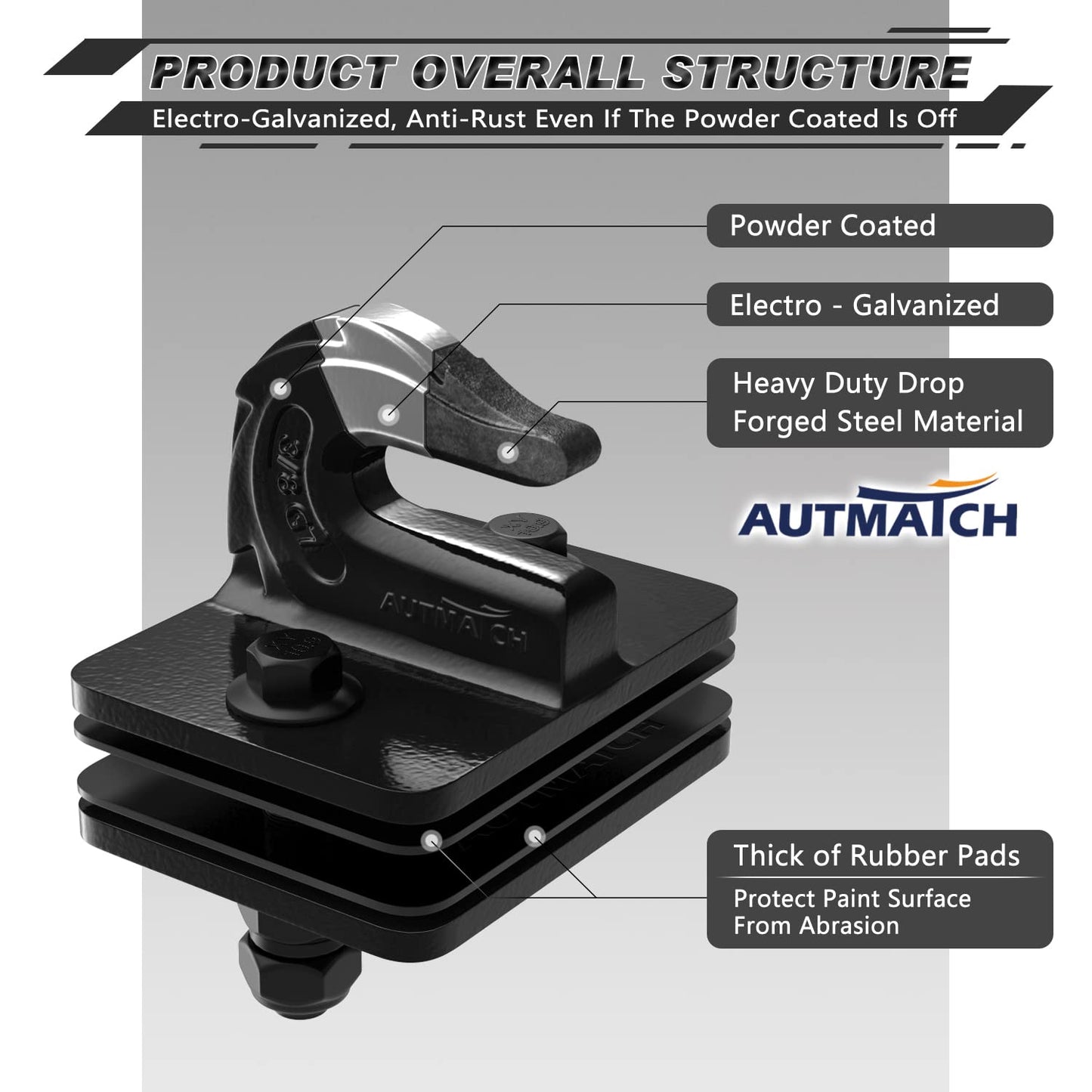 AUTMATCH Tractor Bucket Grab Hook 3/8" (2 Pack) - Grade 70 Forged Steel Bolt On Grab Hook Tow Hook Mount with Backer Plate & Rubber Pads, Max 18,000Lbs Work for Loader, Tractor Bucket, Truck, Black