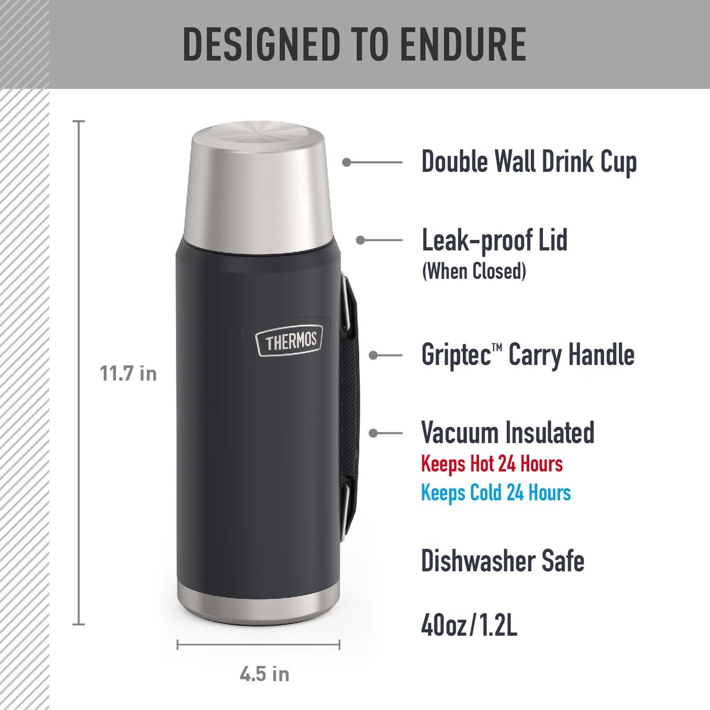 THERMOS, ICON Series, Stainless Steel Beverage Bottle, Granite, 1.2 L