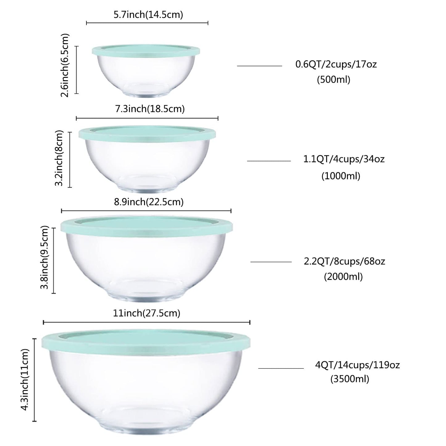 Glass Mixing Bowl Set with Lids, 4 Pieces Glass Salad Bowl Set with Lids (0.6QT, 1.1QT, 2.2QT,4QT) High Brosilicate Microwave Bowls for Kitchen Baking, Prepping Serving and Storage, Great Gift