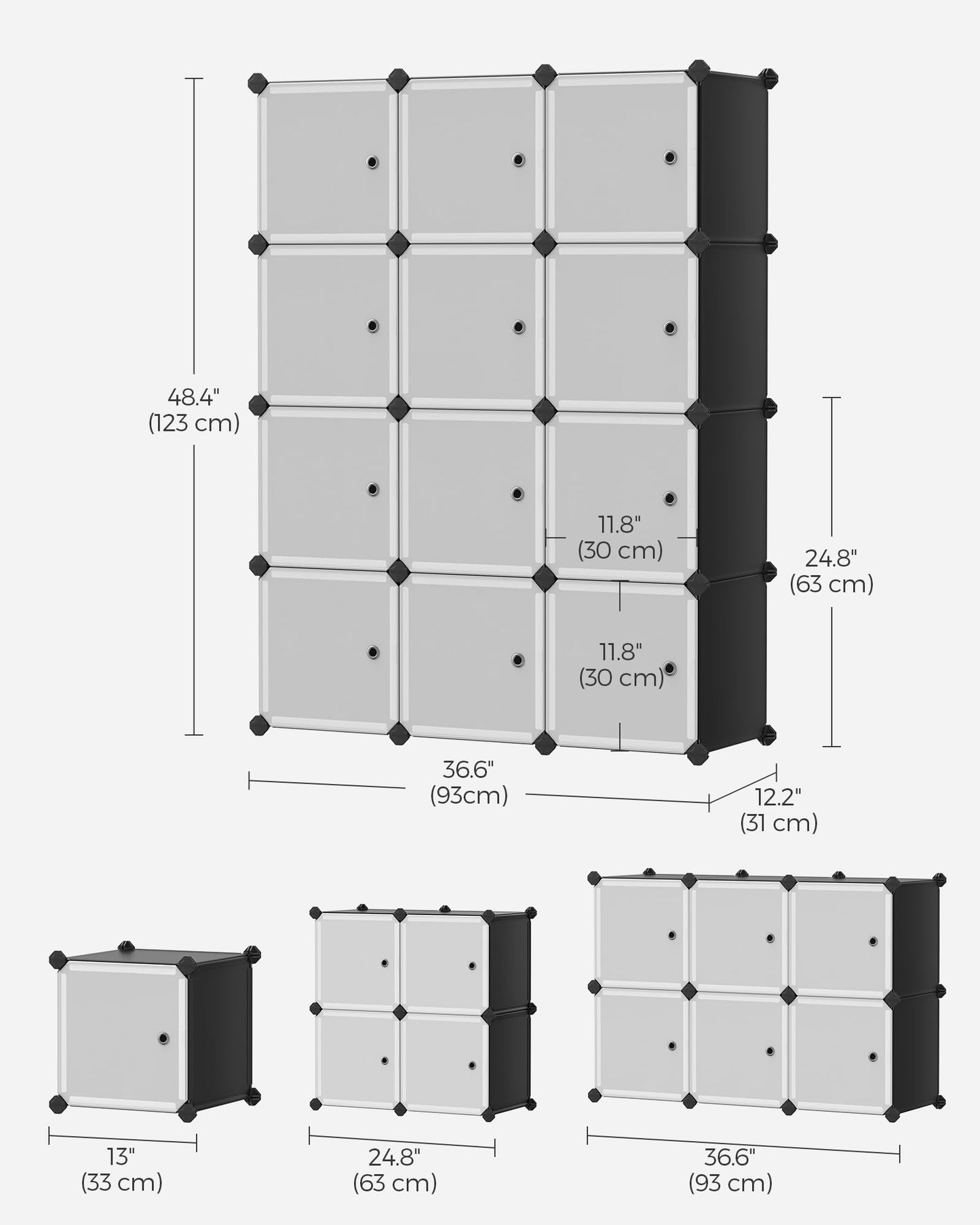 SONGMICS Cube Storage Organizer, Set of 12 Plastic Cubes, Closet Storage Shelves, DIY Plastic Closet Cabinet, Modular Bookcase, Shelving with Doors for Bedroom, Living Room, Black and White ULPC34HV1