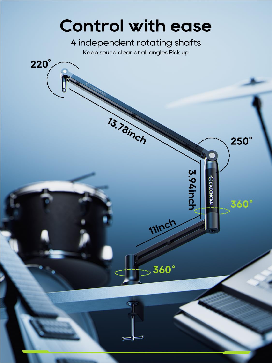Boom Arm, 360° Rotatable Microphone Stand with Desk Mount, Foldable Desk Mic Arm with 3/8'' to 5/8'' Screw Adapter, Microphone Arm for Live Streaming, Gaming, Podcasting[15 Inch Heightened]