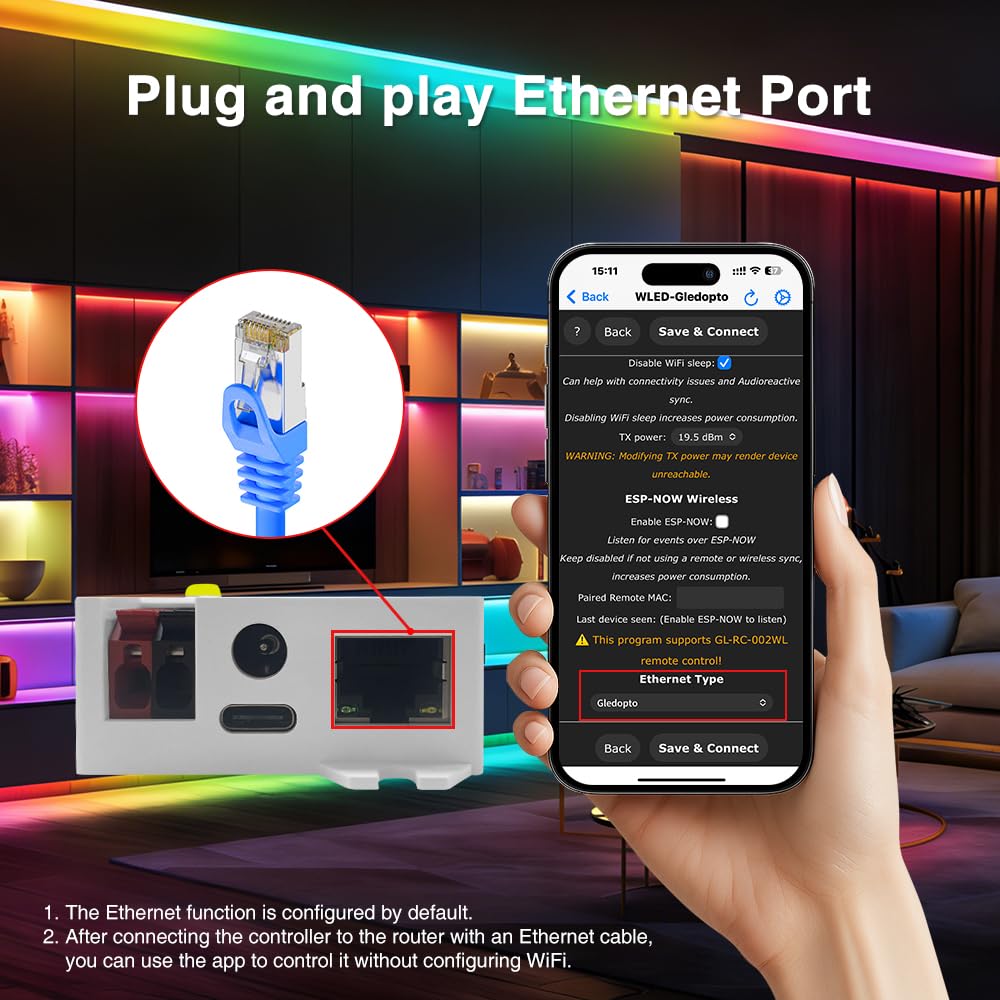 GLEDOPTO Elite Ethernet ESP32 WLED LED Strip Controller Digital RGB IC PWM CCT Monochrome Dual Outputs Built in Fuse Relay I2S PDM Mic for Addressable WS2811 WS2812 WS2815 SK6812 Analog Strip Light
