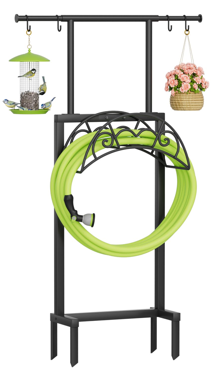 NEYCIL Garden Hose Holder with Telescopic Pole, Freestanding Garden Hose Stand Stake with 4 Spikes, Heavy Duty Sturdy Metal Hose Storage Rack and Hanger for Outside Yard Lawn Farm, Black