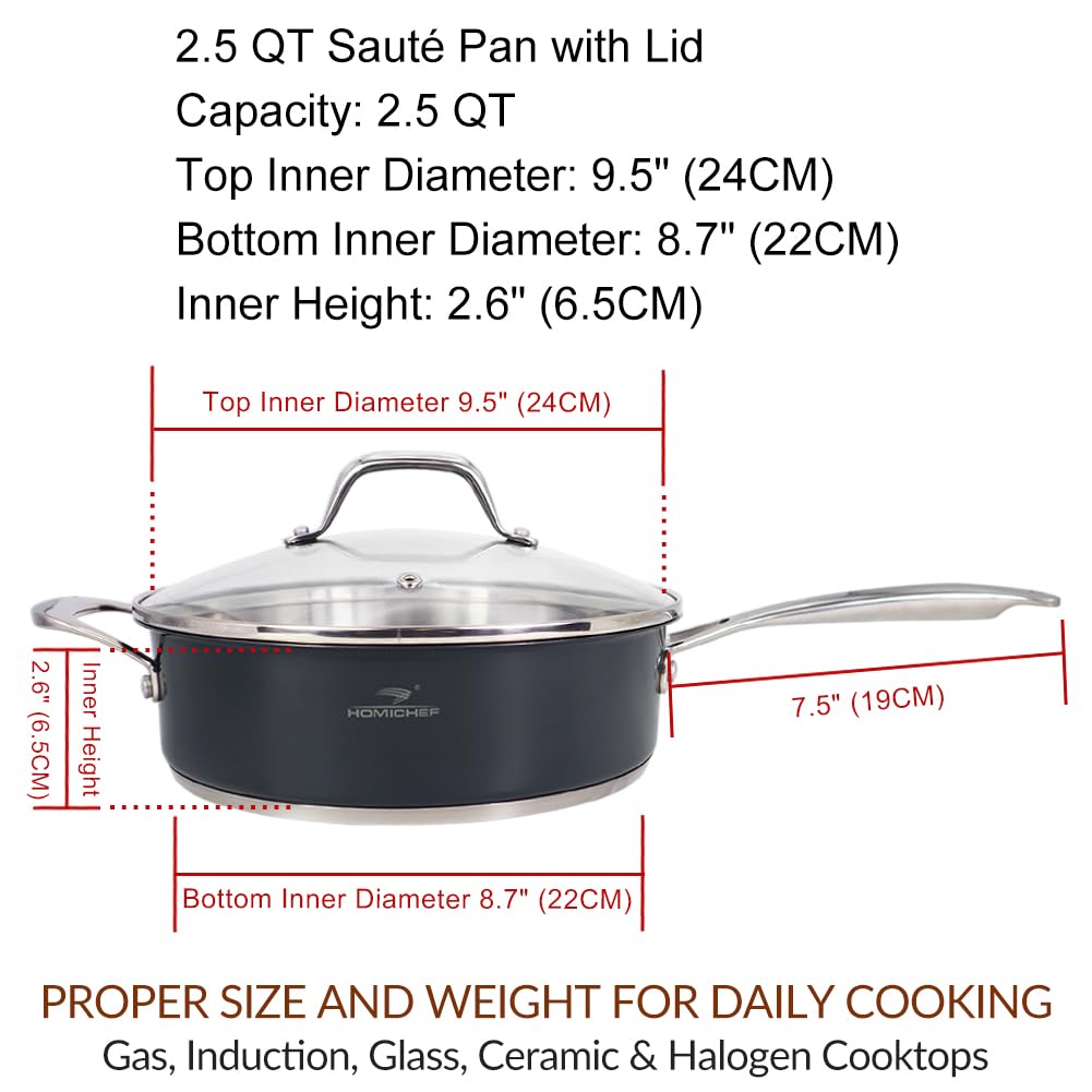HOMICHEF 9.5 Inch Navy-Gray Nickel Free Stainless Steel Saute Pan with Lid - Premium Matte Polished Stainless Steel Pan with Glass Lid - 2.5 Quart Non Toxic Saute Pans