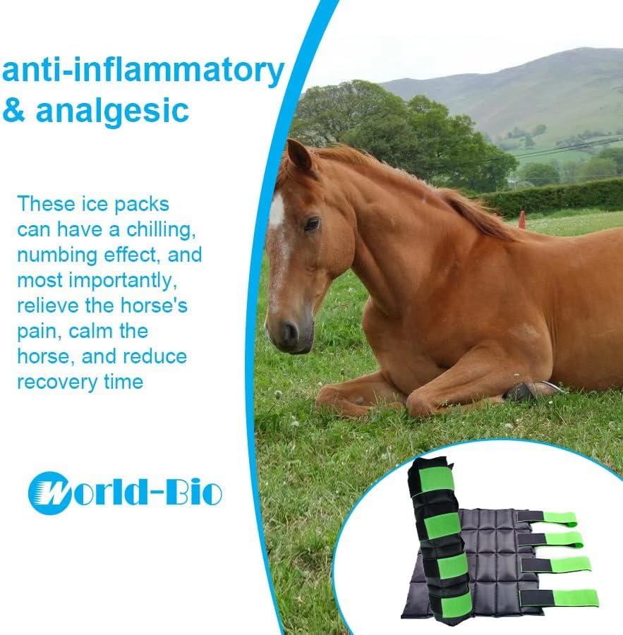 WORLD-BIO Horse Ice Boots Wraps Set of 2, Reusable Cooling Boot Wrap for Horse Injuries, Therapy Full Ice Boots for Horses with Straps, Hock, Knee and Hooves, 16.9'' x 16.2'' Green
