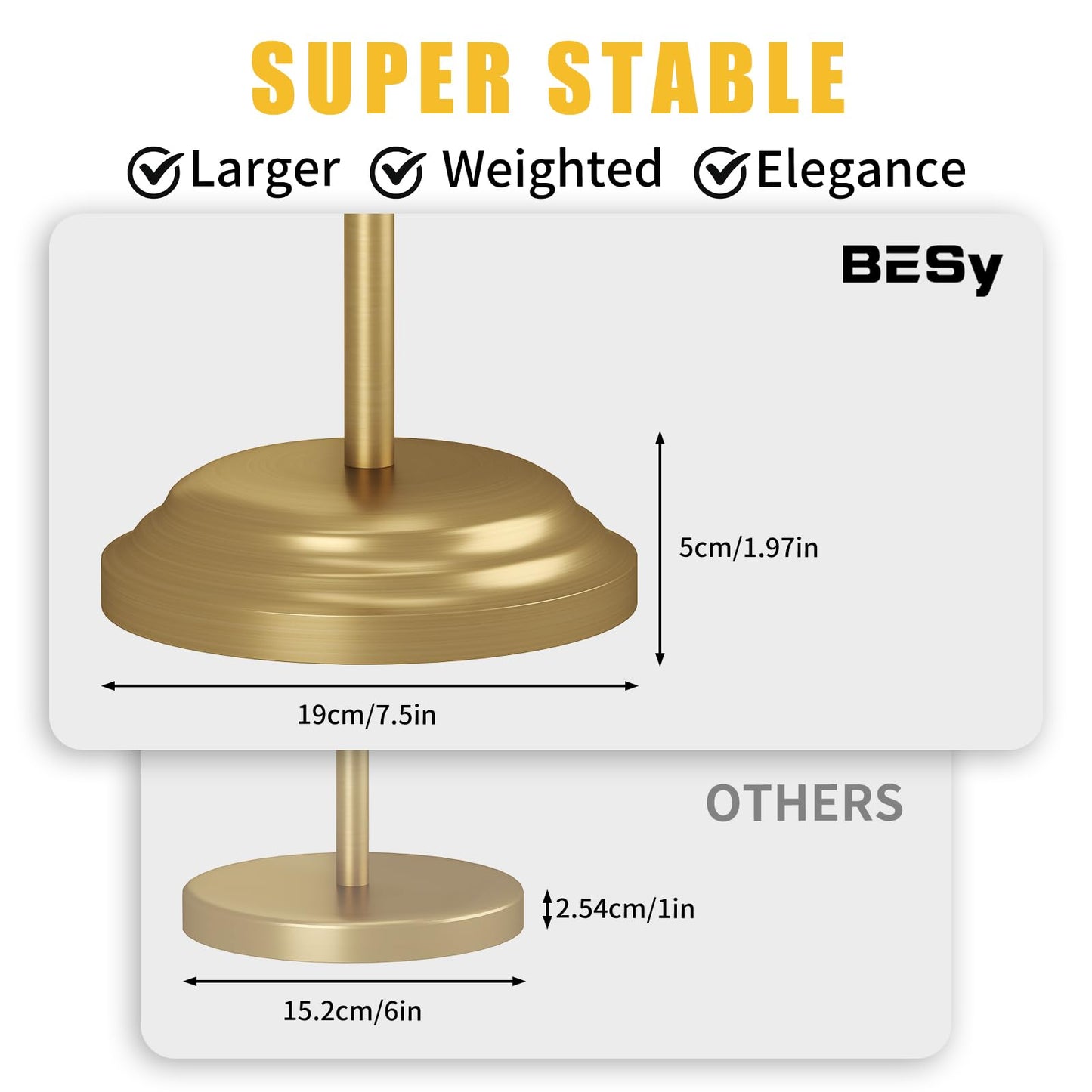 BESy Toilet Paper Holder Free Standing Bathroom Toilet Tissue Holder Stand for Floor Toilet Paper Roll Holder with Storage Hardware Accessories Rack Non Adjustable Brushed Gold Stainless Steel