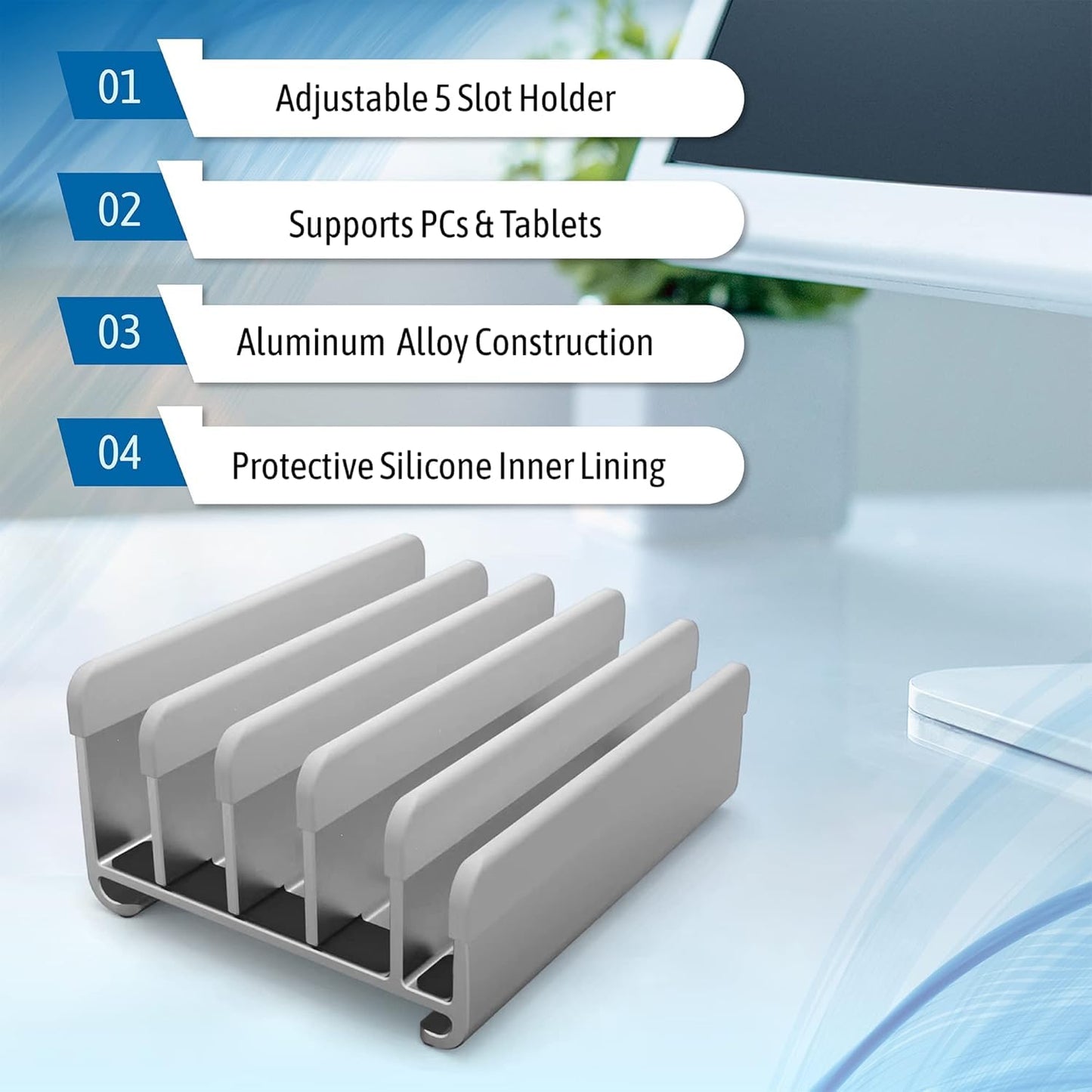 Elestoria Adjustable Vertical Laptop Stand - Fits 5 Devices, Modern Design, Tool Free Adjustment, Protective & Stable | Grey