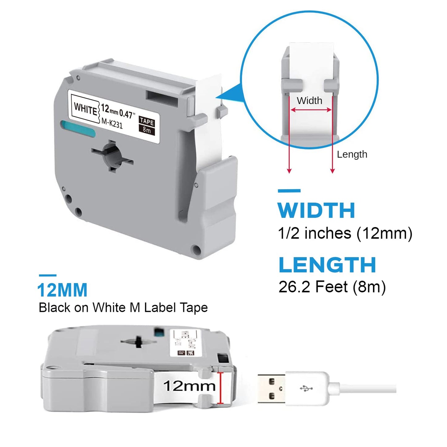 10 Pack M-K231s M-K231 Label Tape Replace for Brother M Tape P Touch MK231 M-231 M231 M231s 12mm 0.47 Label Maker Tape Work with Brother Ptouch PT-M95 PT-65 PT-90 PT80 PT-70 PT-65, Black on White