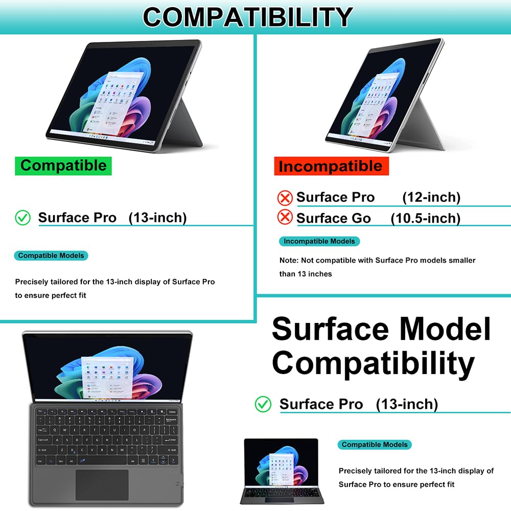 Arteck Microsoft Surface Pro Keyboard Type Cover, Ultra-Slim Portable Bluetooth Wireless Keyboard for Latest Surface Pro 10, 9, 8, X With Touchpad and Built-in Rechargeable Battery