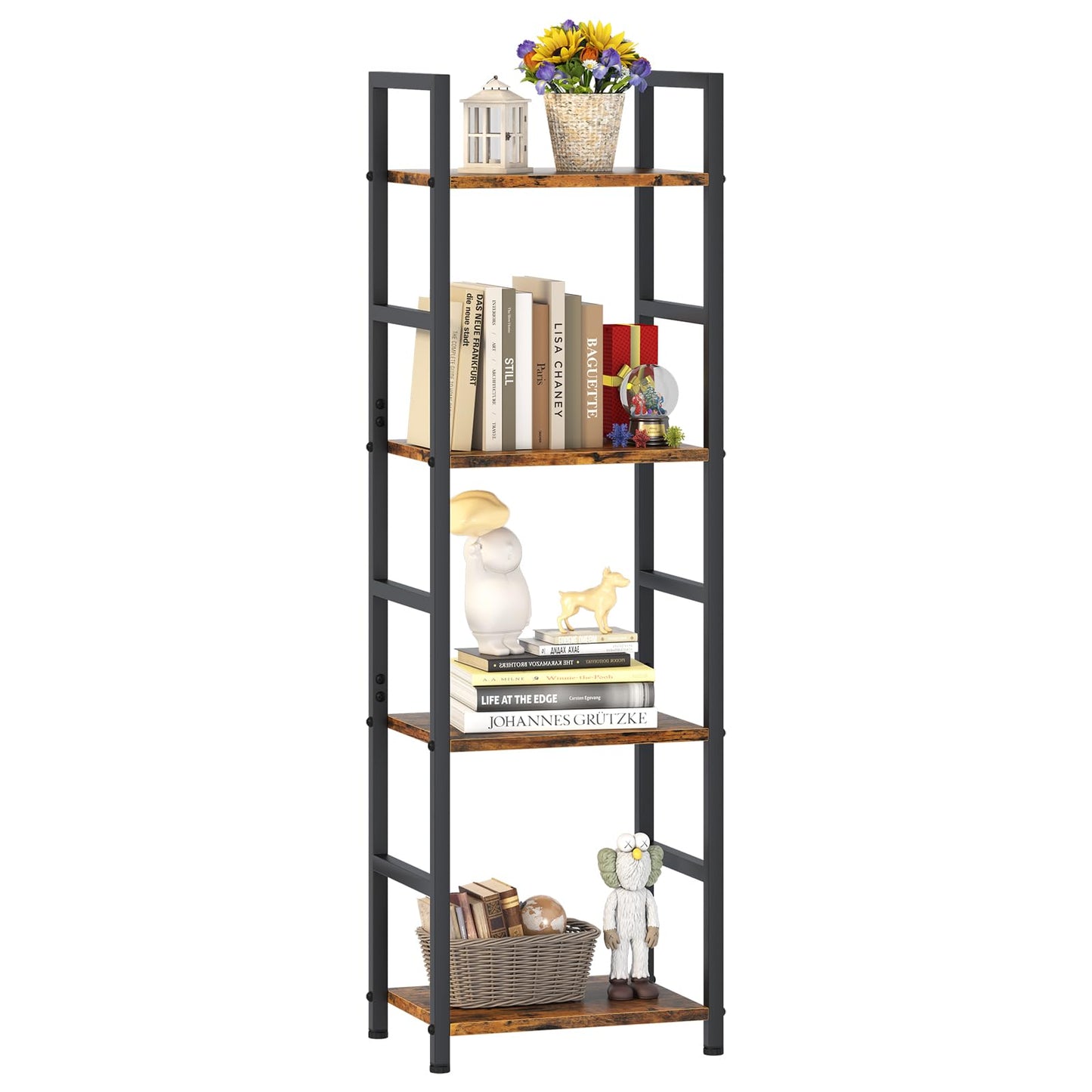 Katrawu 4 Tier Bookshelf, Small Book Shelf Industrial Bookcase, Metal Narrow Book Case Book Storage Organizer,Bookshelves for Bedroom Office Living Room(4 Tier,Rustic Brown)