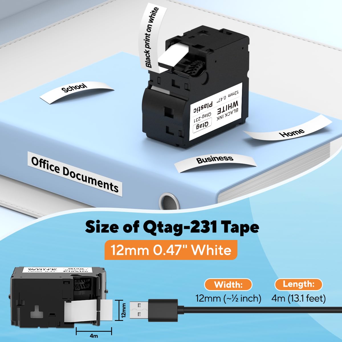 Labelife Label Maker Tape Compatible with Brother Btag 231 Label Tape Refills 12mm 0.47'' Only Work for P Touch PT-N10 PT-N20 PT-N25BT (5 Packs, 12mm x 4m, Black on White)