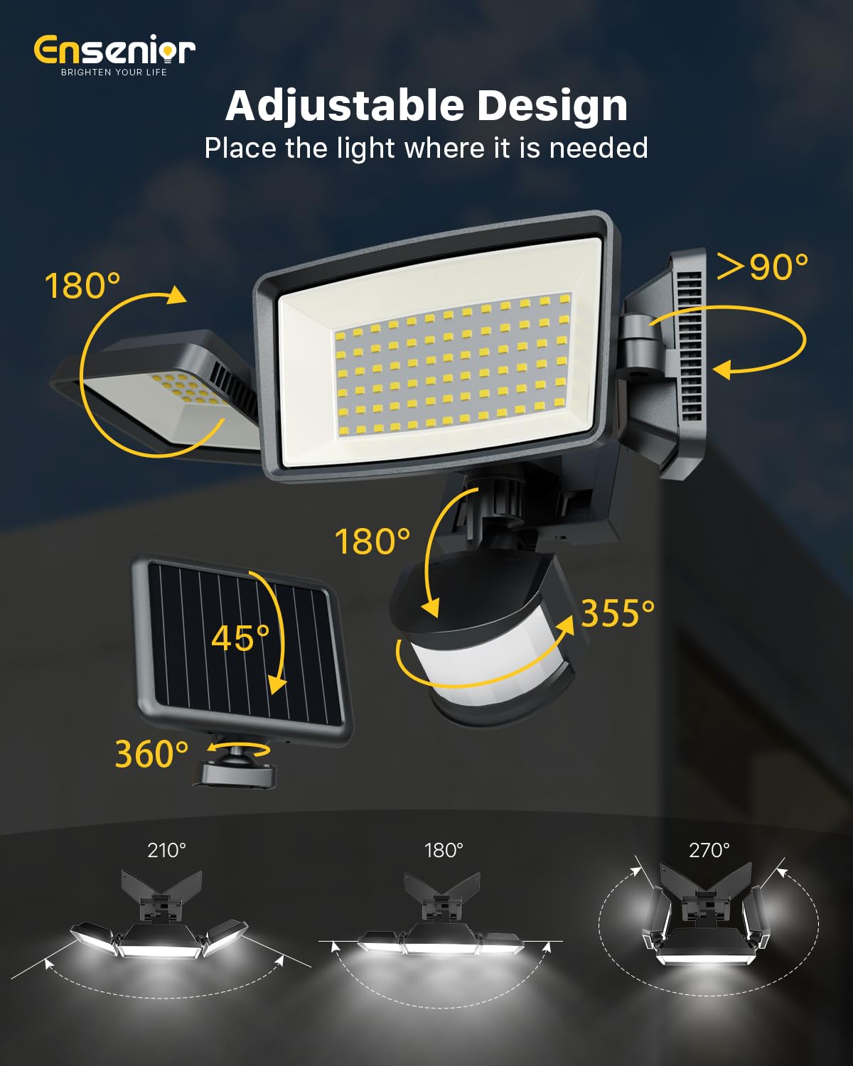 Ensenior 5 Motion Sensor Modes Solar Security Light, 1800LM 270° Wide Angle 3 Heads LED Flood Lights, IP65 Waterproof Wall Lights, Separate Solar Panel Remote Control Solar Lights Outdoor（Black）