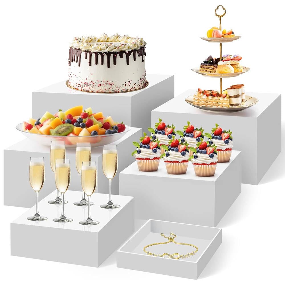 6Pcs Buffet Risers,Food Risers for Buffet Table Display Stand Shelf for Party Catering Dessert Collectibles Acrylic Cube Boxes Display with Hollow Bottoms White Set (Size 5",6",7",8",9",10")