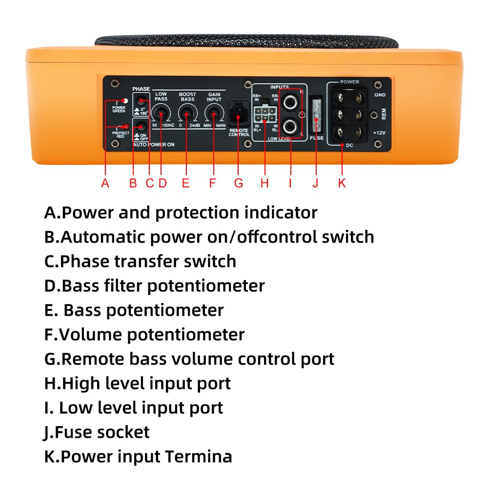 10" 800W Powered Car Subwoofer with Built-in Amplifier, 220W RMS, 20Hz-150Hz, Slim Under Seat Design, High/Low Level Input, Ideal for Cars and Trucks 2025 (Subwoofer + Mounting Wire Kit) Orange