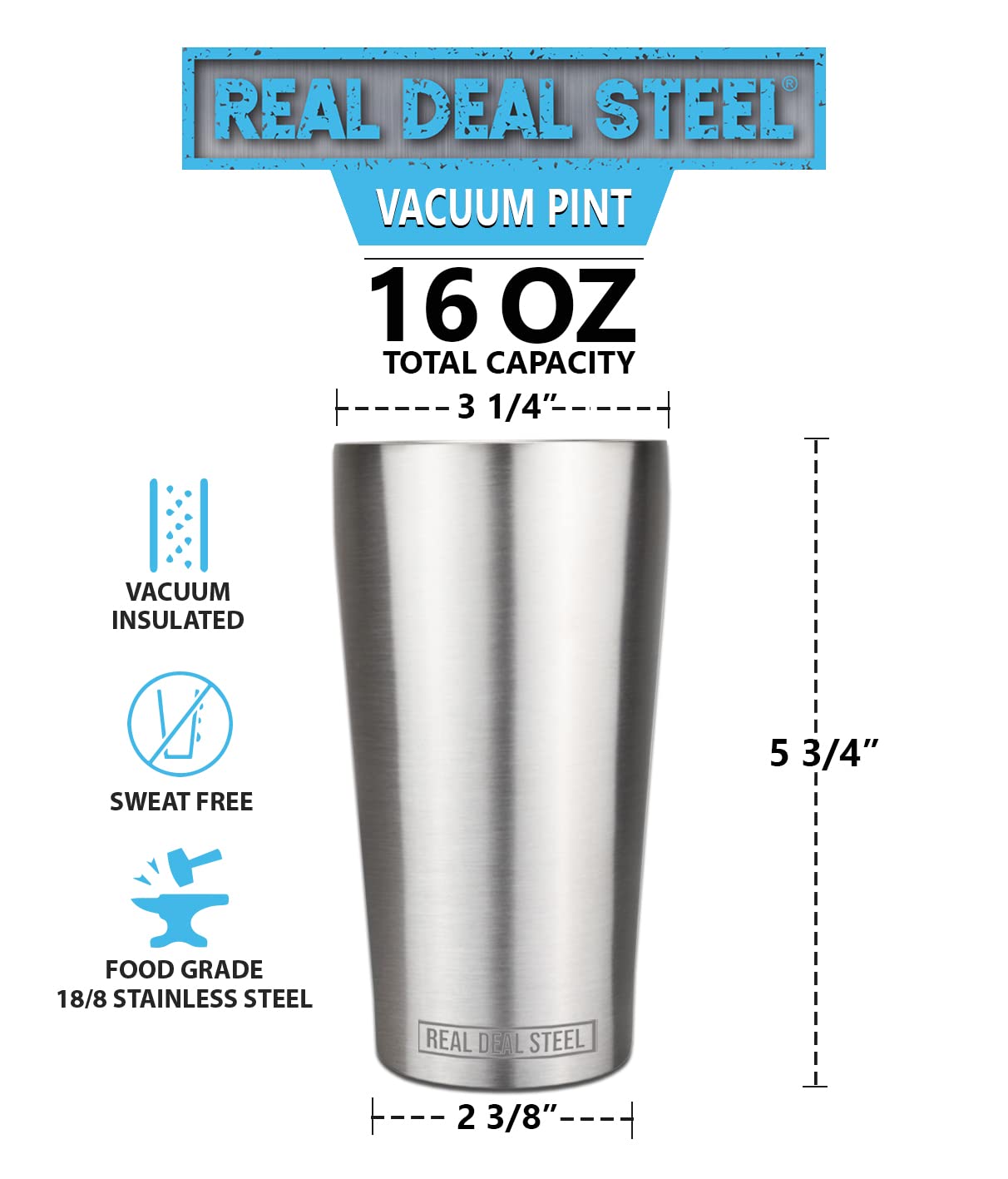 Stainless Steel Vacuum Insulated Pint Glasses - Set of 4 Pint Cups for Outdoors 16oz with Lids