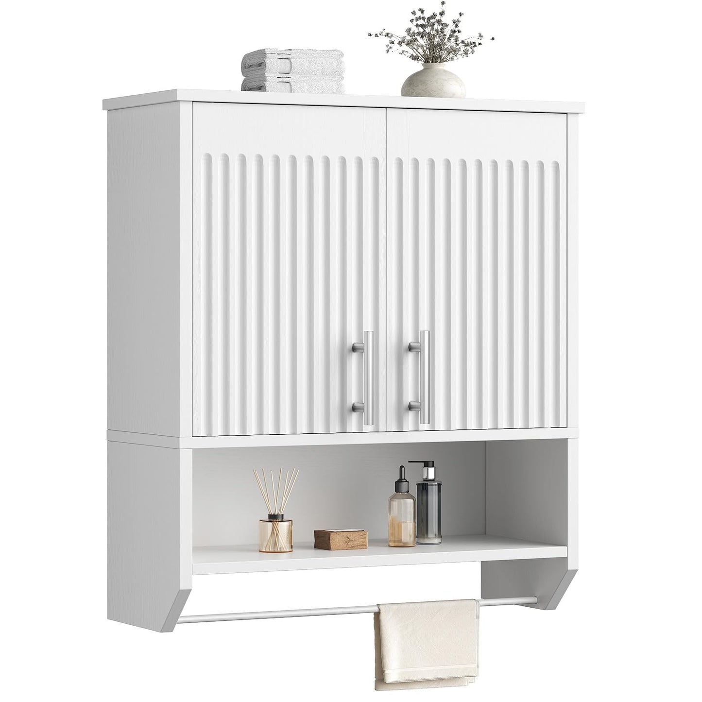 HOOBRO Bathroom Wall Cabinet, Farmhouse Medicine Cabinet, Wall Mounted Bathroom Cabinet with Towel Rack, Adjustable Shelf, for Small Spaces, Bathroom, Kitchen, White WW135CW01