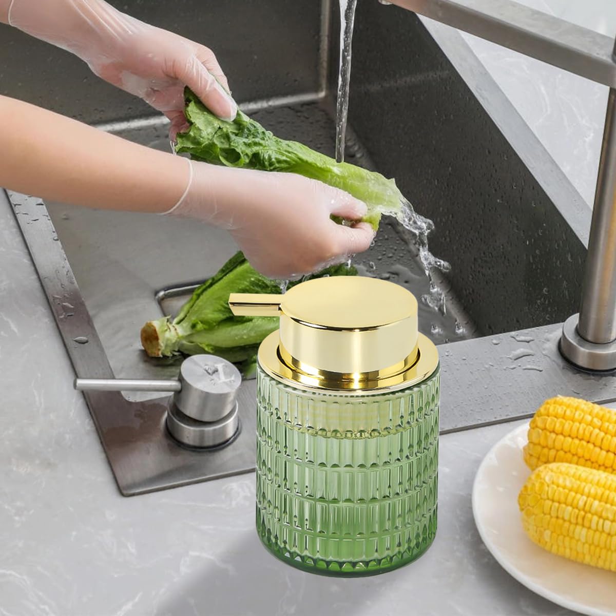 Tonxus Foaming Soap Dispenser,10 Oz Glass Foam Hand Soap Dispenser for Bathroom and Kitchen,Refillable Foaming Pump Bottle with Large Pump,Modern Striped Dish Soap Foam Dispenser (2, Green)