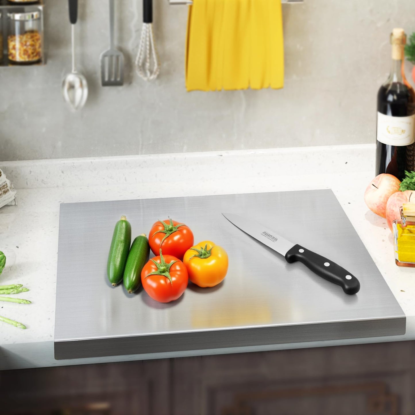 MOOTACO Stainless Steel Cutting Board, Stainless Steel Chopping Board with Lip, 23.6 X 19.7 Inch Baking Pastry Board with Rolling Pin for Meat, Fruits, Vegetables, Dough, Bread (60x50cm)