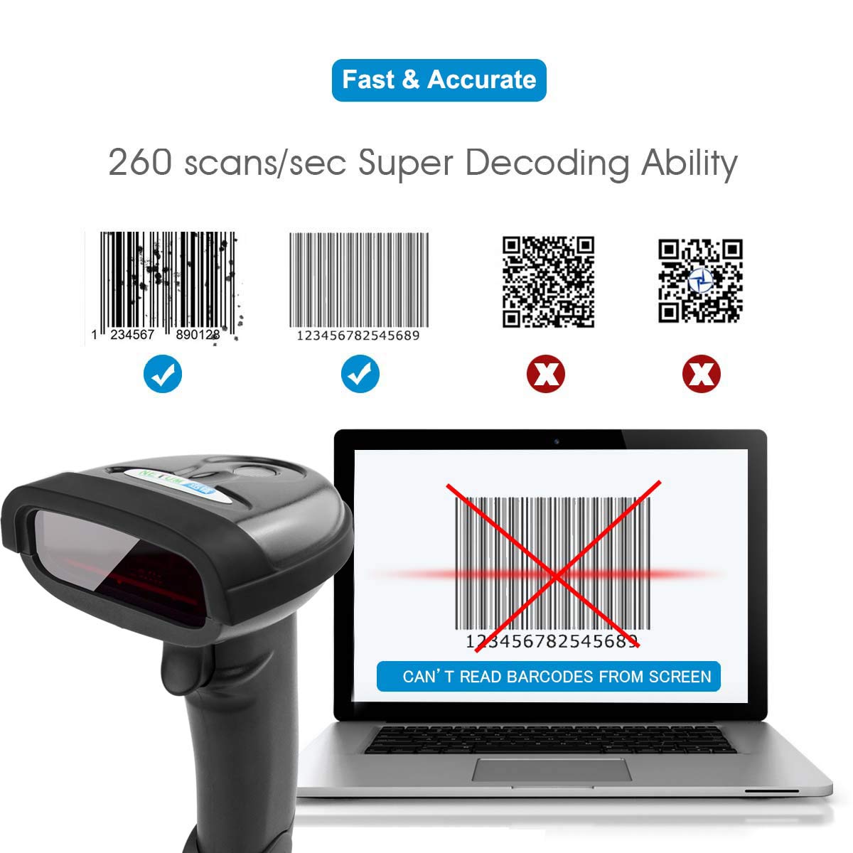 NETUM Wireless Barcode Scanner, 2 in 1 2.4G Wireless & USB Wired 1D Laser Barcode Reader Handheld Bar Code Reader Cordless Rechargeable Bar Code Scanner for Computer MAC Laptop (1D-NT-1698W)
