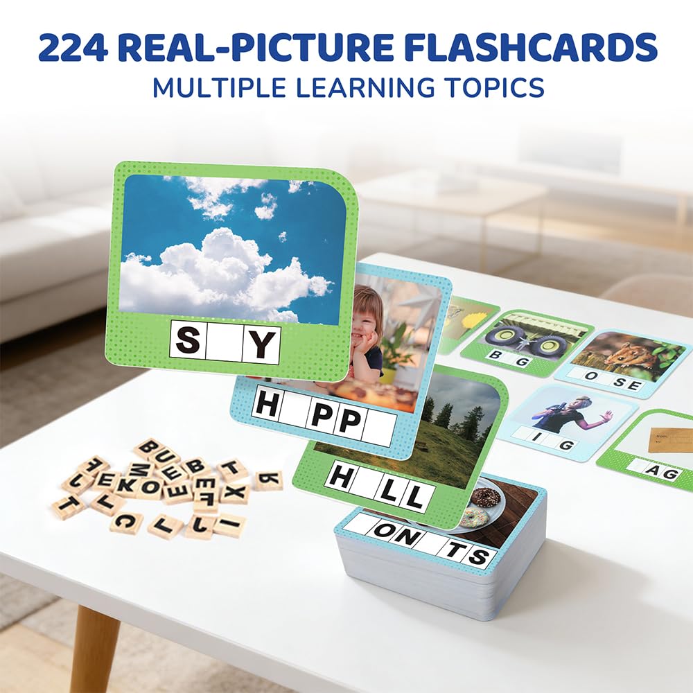 BenBen Spelling Games with 224 Flashcards, 2-4 Players, Learning Games for Kids Ages 4-8, Educational Autistic Toys for Kindergarten 1st 2nd 3rd Grade, Preschool Autism Classroom Must Haves