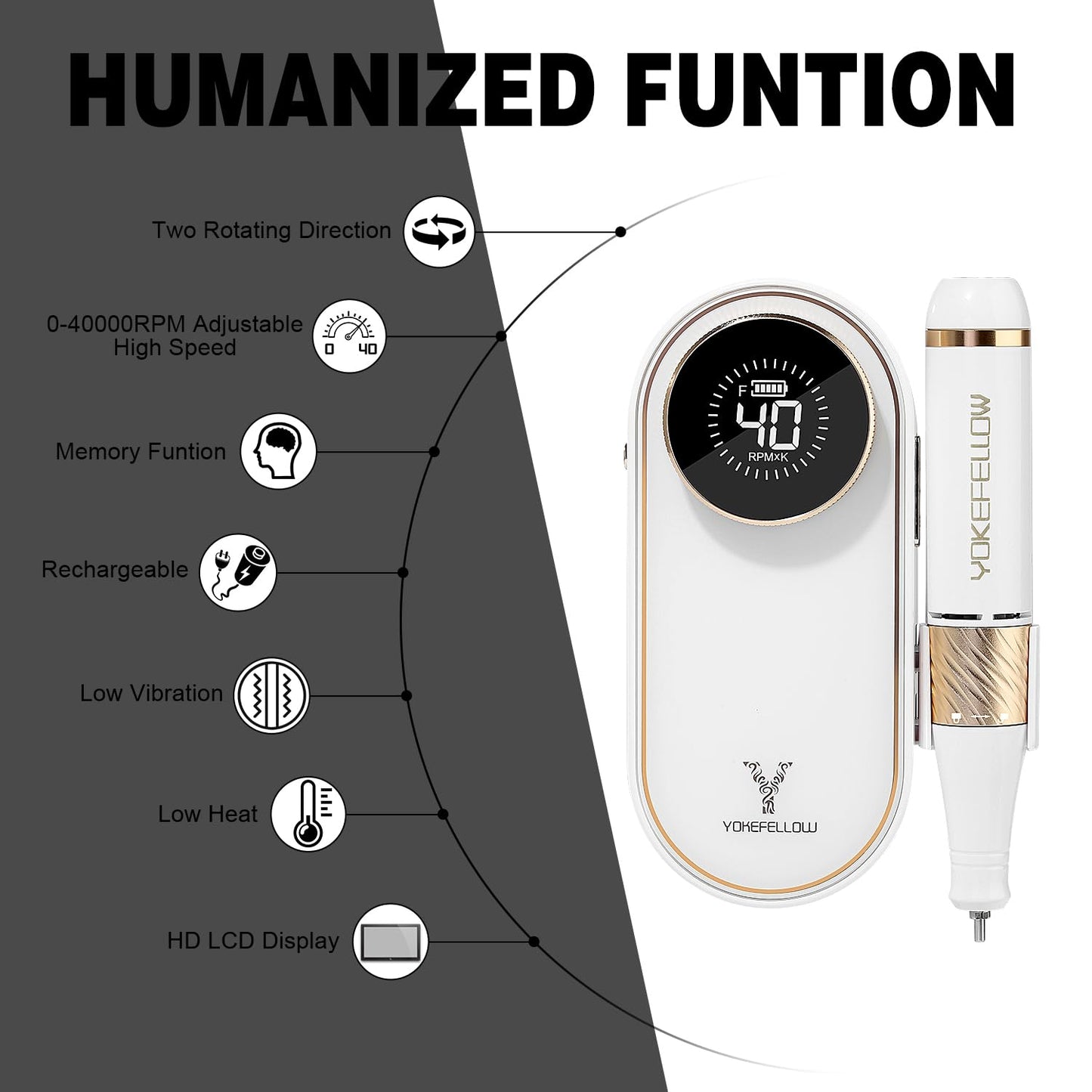YOKE FELLOW Electric Nail File - 40000 RPM Rechargeable Nail Drill Machine Nail File with 12 Nail Drill Bits for Manicure Pedicure Acrylic Polishing Tools Kit for Salon Home Use