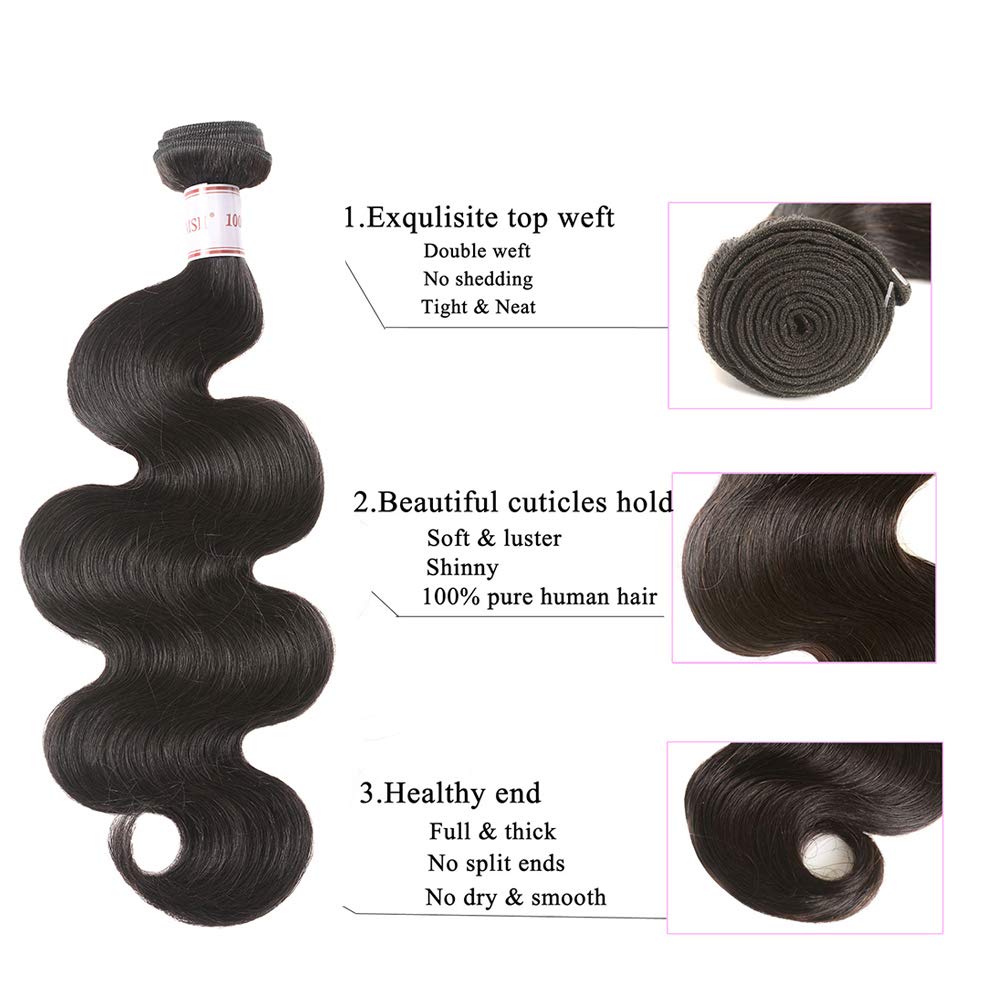Bundles with Closure Brazilian Body Wave 3 Bundles with Closure Virgin 100% Unprocessed Human Hair Extensions 4x4 Free Part Lace Closure Natural Color (16 18 20+14)