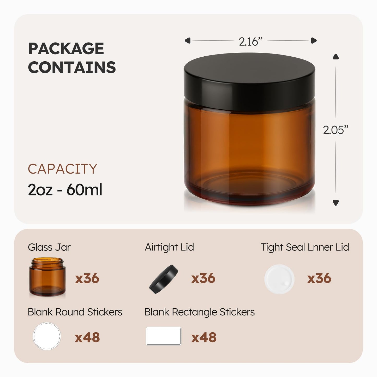 Bumobum 36 Pack 2 oz Small Glass Jars with Lids, Amber Small Jars with Inner Liners, 60ml Lotion Container for Sample, Cream, Lotion, Honey, Powder, Jelly | Home & Beauty