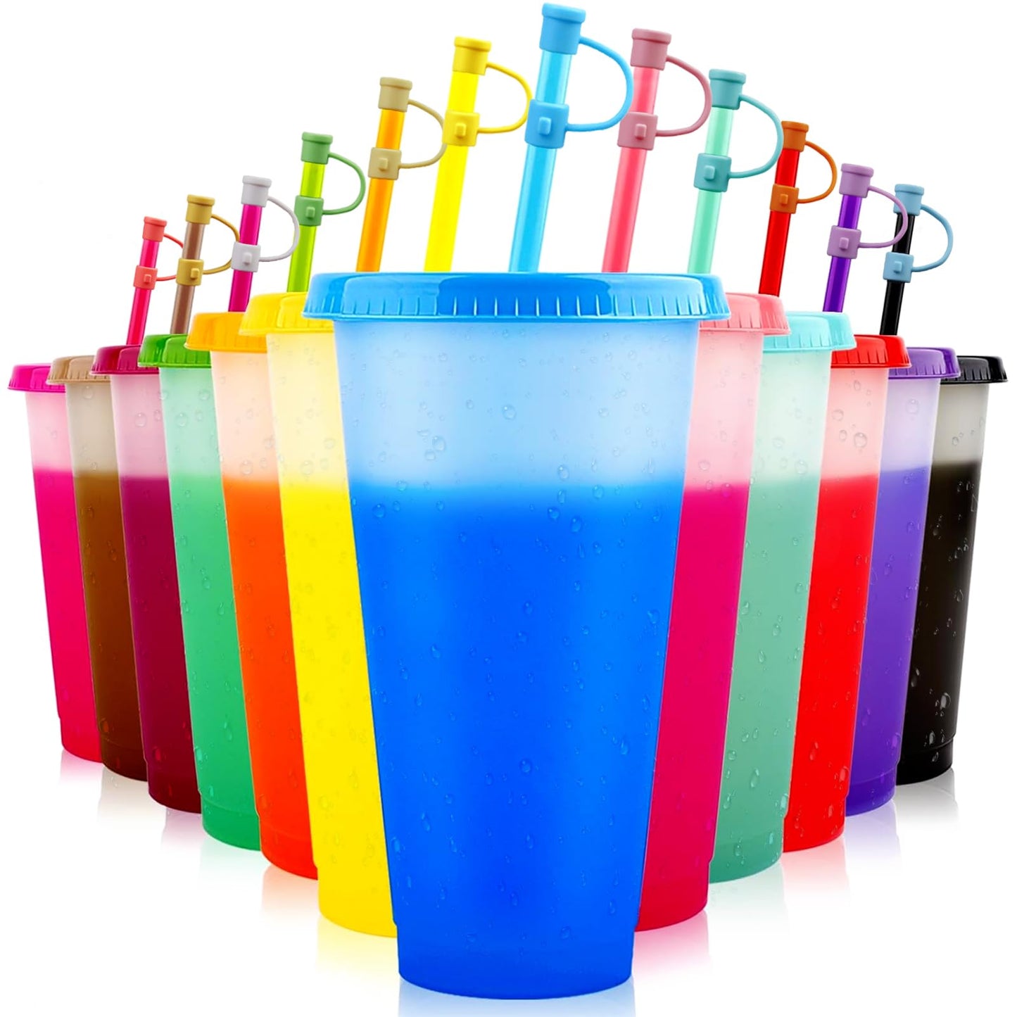 EASEVE 12 Pack 24oz Color Changing Cups Tumblers with Lids & Straws Cover - Reusable Plastic Iced Coffee Cup Party Tumbler for Adults Travel Mugs for Drinks (with Straw Cover)