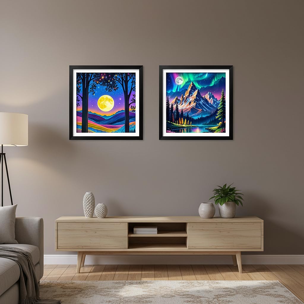 NIHO-JIUMA Wood Photo Frame, Fits 14 X 14 in / 35 X 35 cm Diamond Painting or Oil Paintings Photos, Pine Wood Picture Frames & Plexiglass (2-piece set, Black, With Mat)