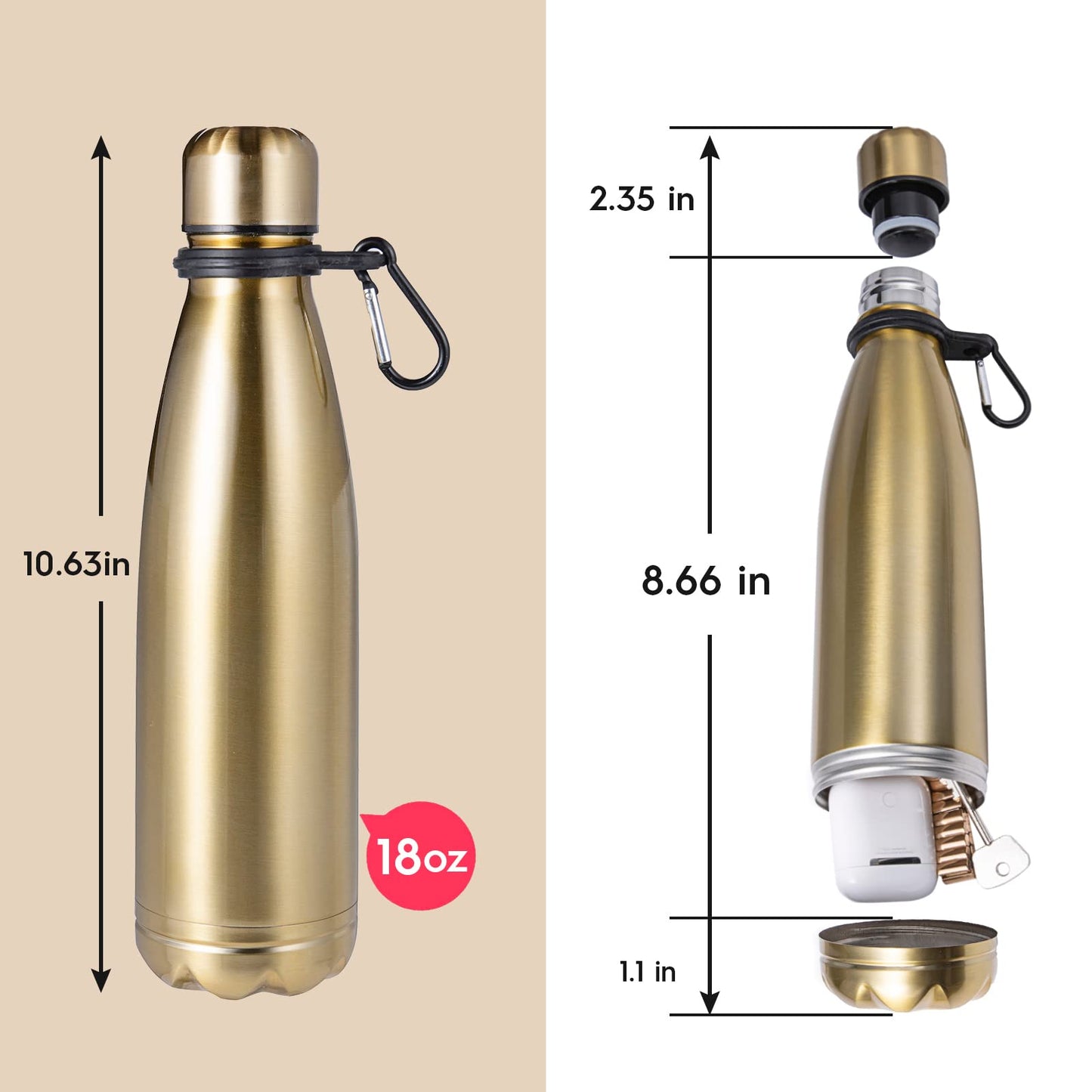 Diversion Safe Golden Water Bottle - All Stainless Steel Stash Container with Hidden Compartment for Cards, Keys, Cash & Valuables | Includes Free Hook & Smell Proof Bag