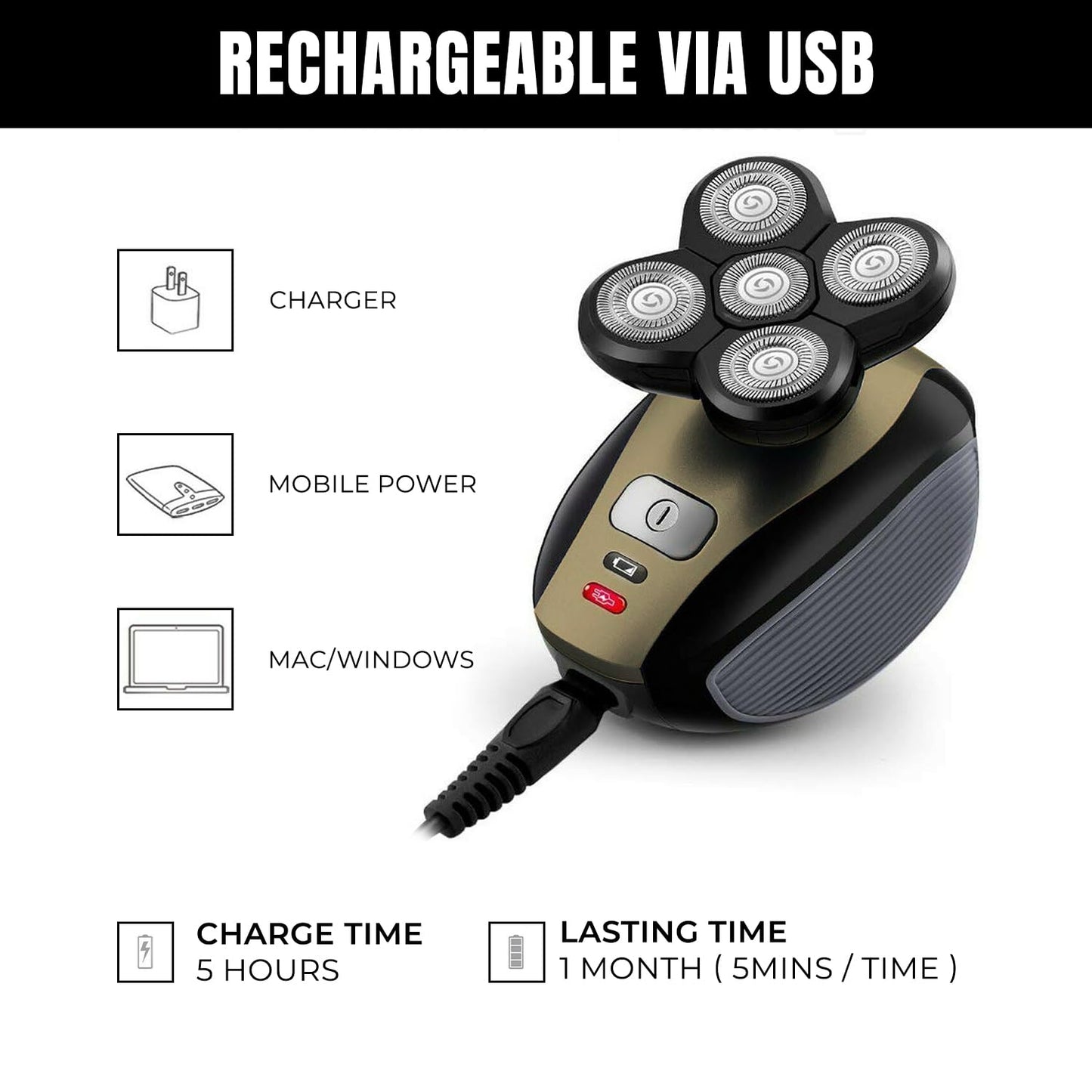 Electric Shaver Bald Head Shaver Head Shavers for Bald Men Electic Razor for Men Waterproof Cordless Trimmer for Nose Ear Face Body Wet Dry Men's Rotary Shavers for Head Shaving Machine 5 in 1 4D