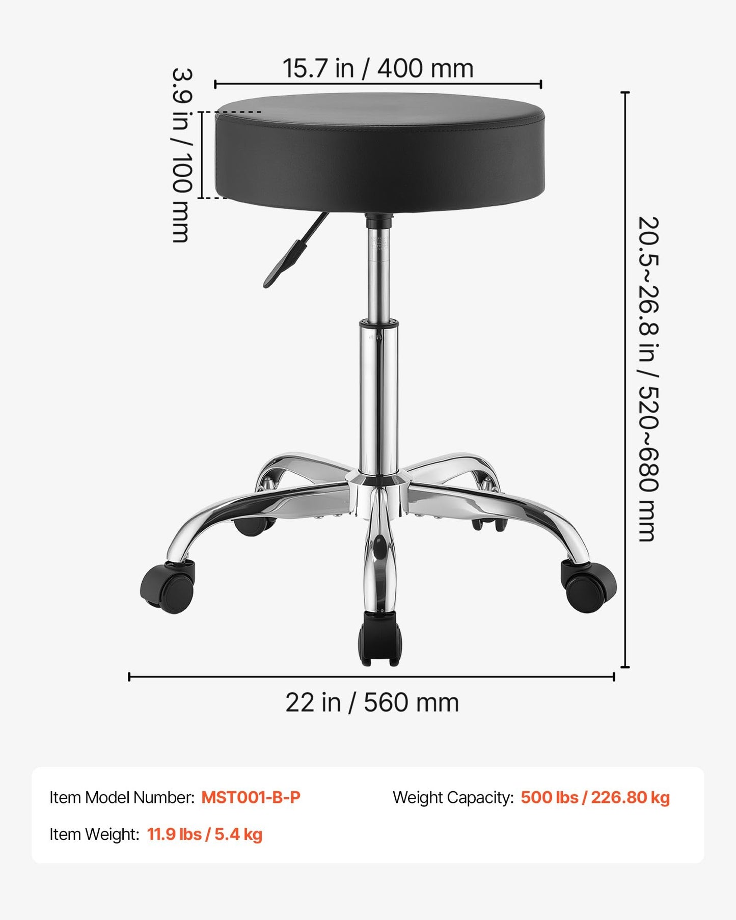 VEVOR Rolling Stool with Wheels, 500 lbs Weight Capacity, Height Adjustable, Thick Cushion Ergonomic PU Leather Seat, 360° Swivel Round Rolling Stool Chair for Salon, Spa, Clinic, Medical, Black