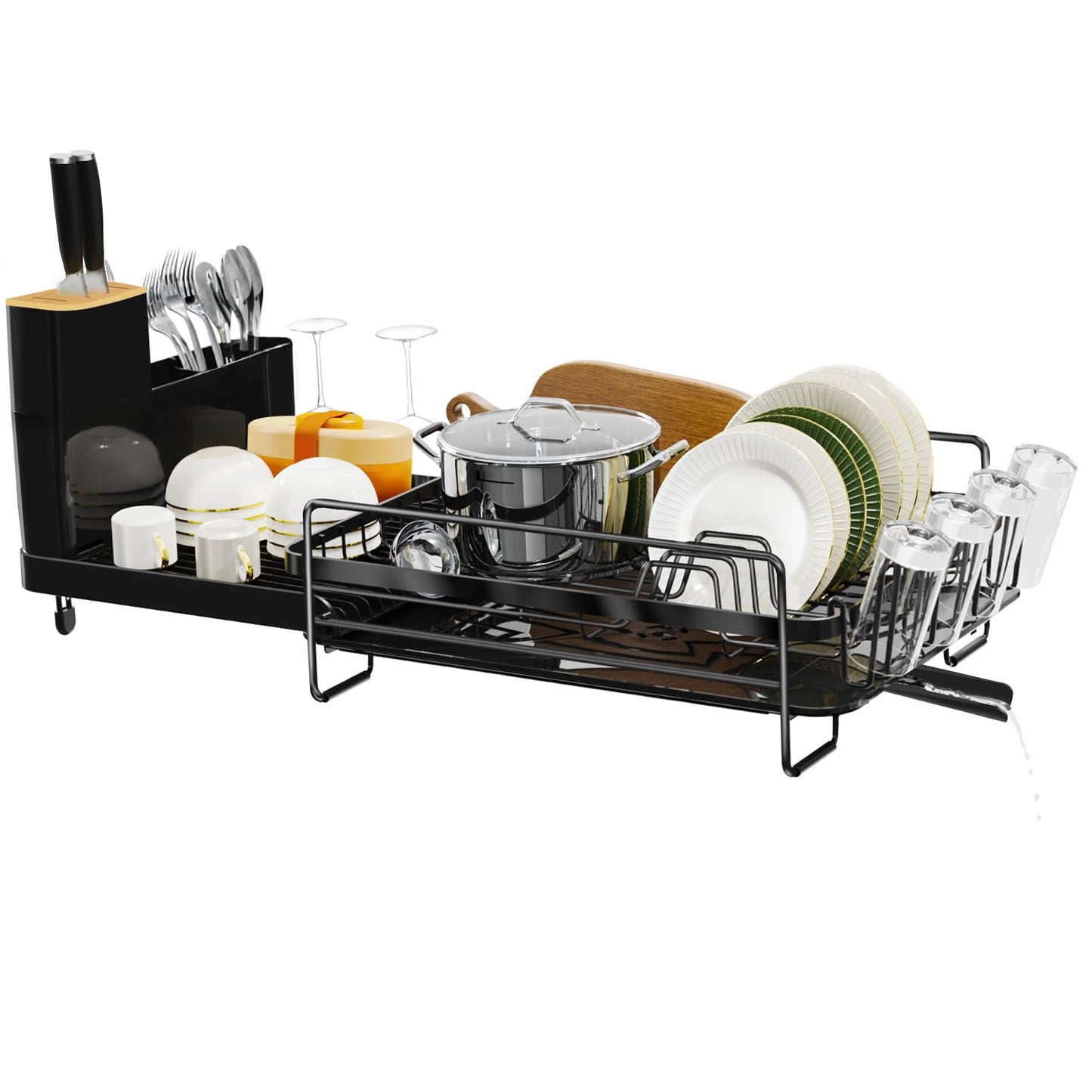 Runnatal Large Dish Drying Rack, Extendable Dish Rack with Drain Board, Utensil Holder, Cup Holder, Expandable Stainless Steel Dish Drainer for Kitchen Counter, 70 x 32 x 26cm