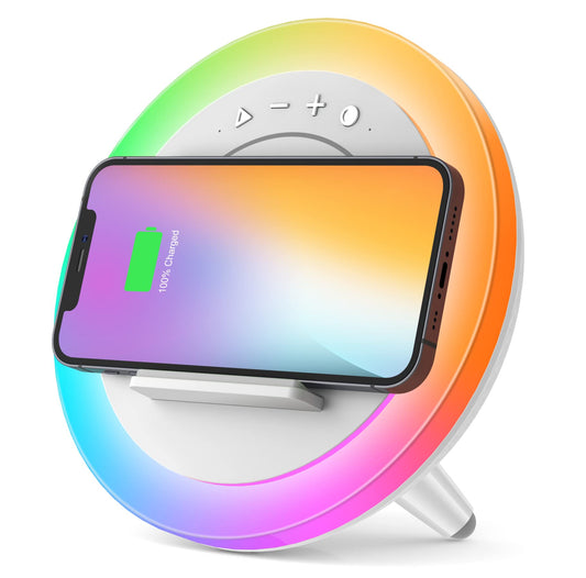 Bluetooth Speaker with Lights, Wireless Charging Speaker, Dimmable Multi-Color Modern Night Lamp, Applicable for Bedroom/Teen Girl,Boy Gifts (5W Wireless Charging)
