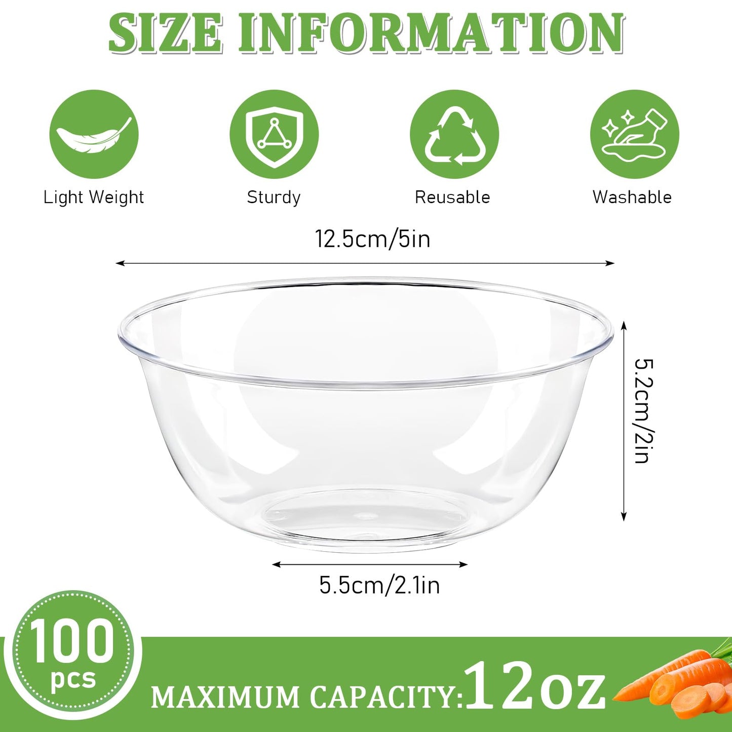100 Pack 12 oz Clear Plastic Bowls Disposable Ice Cream Dessert Serving Salad Hard Small Bowls for Party Catering Fruits Parfaits Snacks
