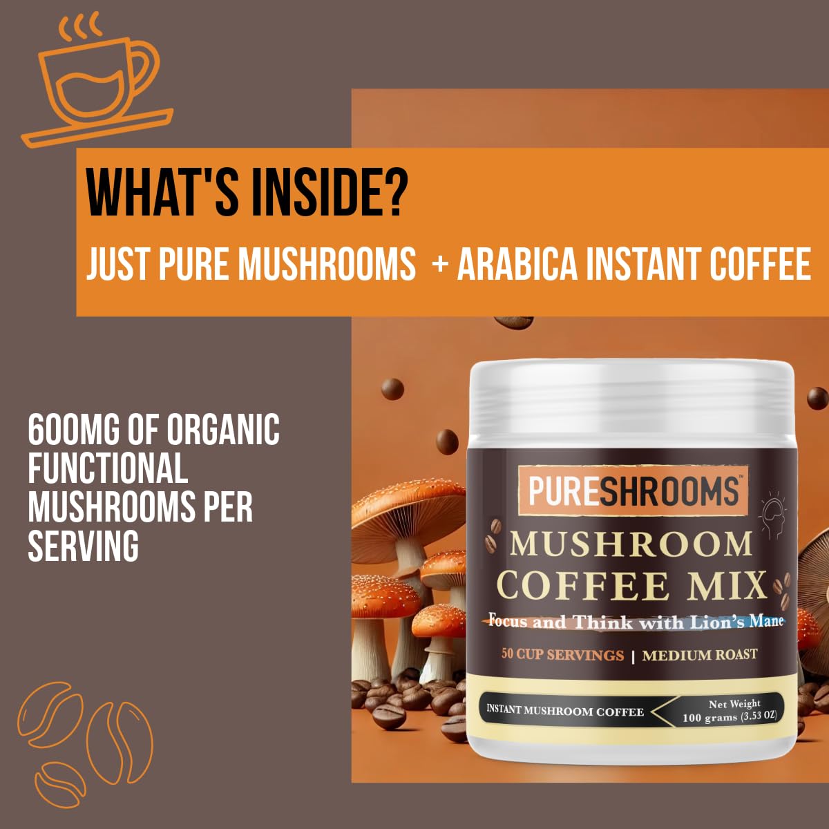 PureShrooms Focus & Think Mushroom Coffee with Ultra Concentrated Lion's Mane Mushroom, L-theanine - Vegan and Keto-Friendly (100 grams)