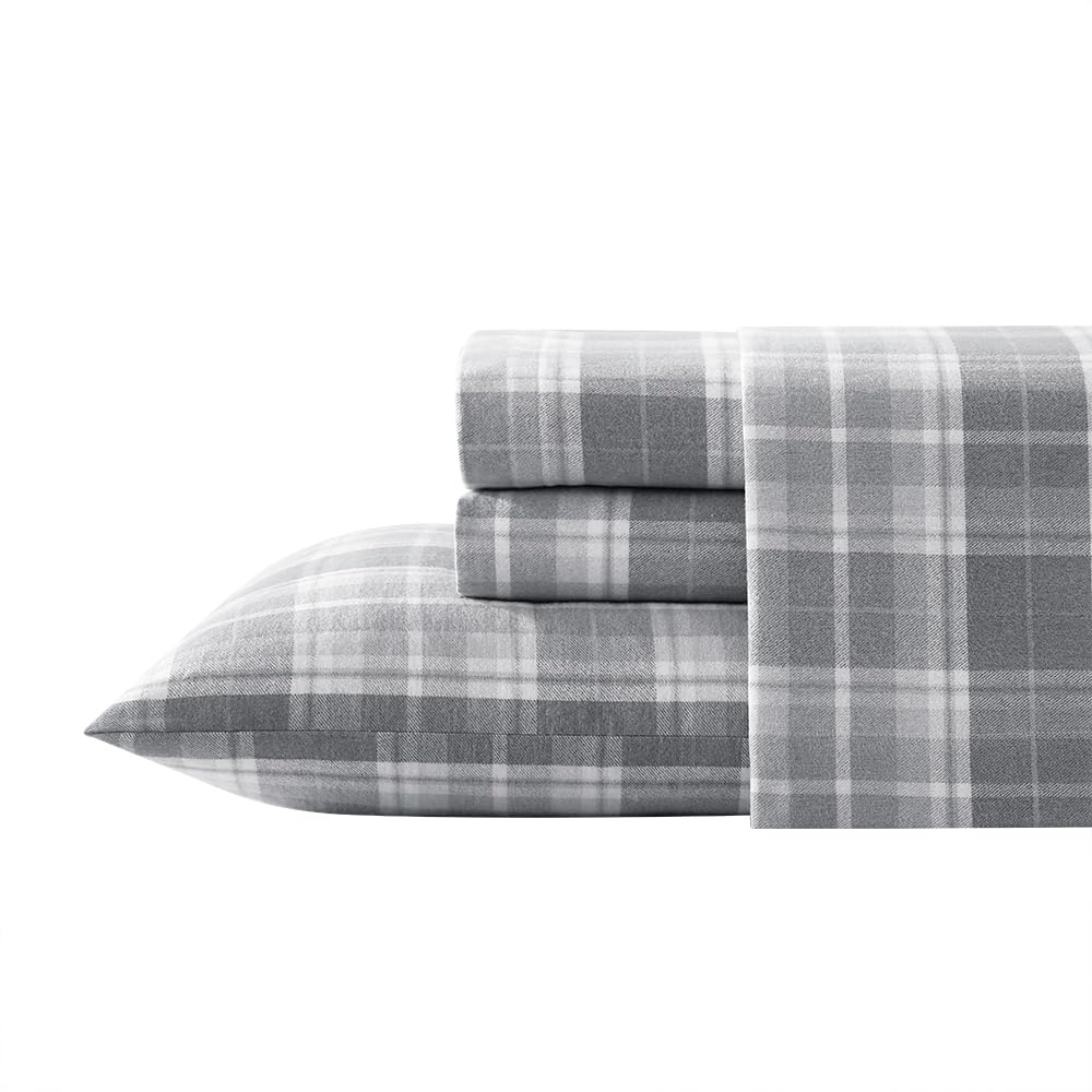 Laura Ashley Home - Flannel Collection - Sheet Set - 100% Cotton, Ultra-Soft Brushed Flannel, Pre-Shrunk & Anti-Pill, Machine Washable Easy Care, Queen, Mulholland Plaid Grey