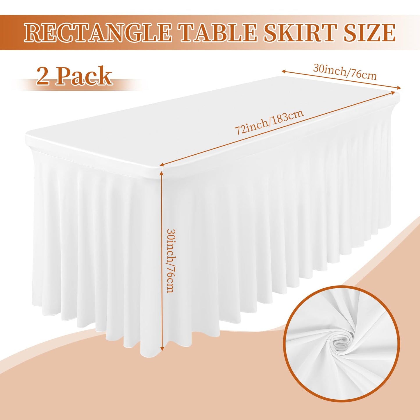 2 Pack White Rectangle Table Skirt, 6Ft Spandex Table Skirt Fitted Stretch Tablecloth,Wrinkle Resistant Ruffles Elastic Cover,Perfect for Rectangle Tables Banquets Parties Wedding Thanksgiving