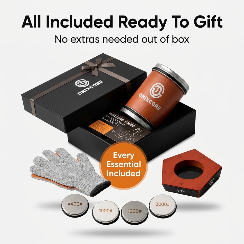 Onixcore Kitchen Knife Sharpening Kit - Rolling Knife Sharpener 5 Angles (12,15,17,19,22°) - 5 Sided Rolling Knife Sharpener with Replacement Discs and Gloves - Rolling Sharpener for Knives