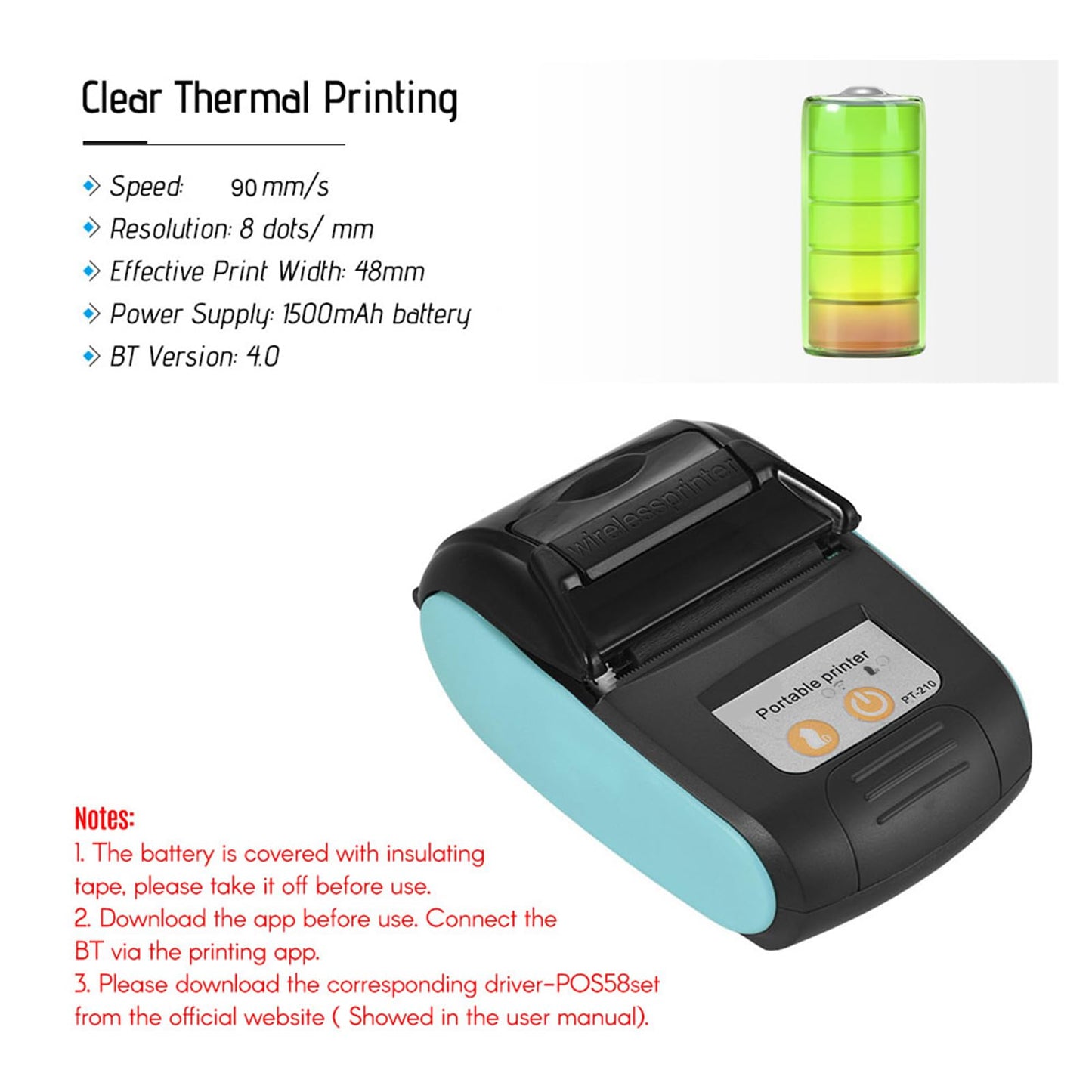 Sunydog Thermal Receipt Printer,PT-210 Portable Thermal Printer Handheld 58mm Receipt Printer for Retail Stores Restaurants Factories Logistics