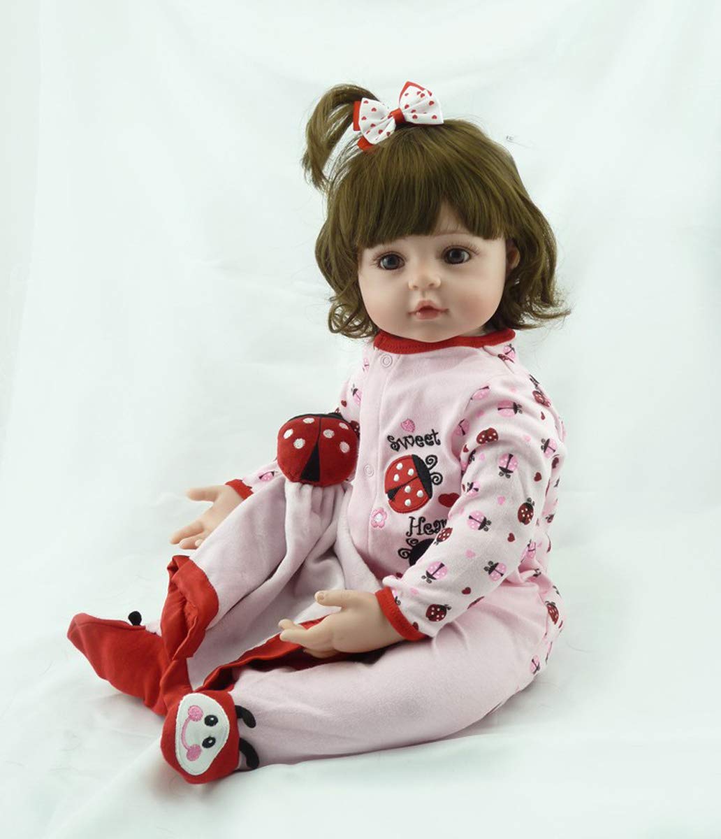 TERABITHIA 18inches 46cm Realistic Adorable Ladybird Princess Baby Girl Doll in Silicone Vinyl Long Curly Hair Stuffed Cloth Body Reborn Newborn Dolls Children's Day Gift
