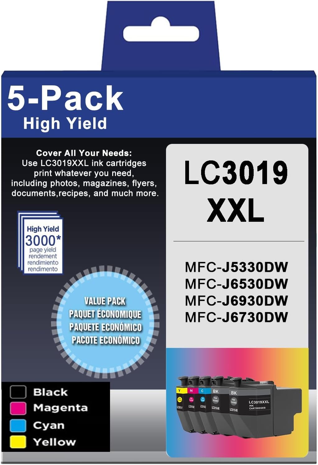 LC3019 High Yield Ink Cartridge 5 Pack Replacement for Brother LC3019XXL LC3019 Use with MFC-J5330DW, MFC-J6530DW, MFC-J6930DW, MFC-J6730DW (2 Black, Cyan, Magenta, Yellow)