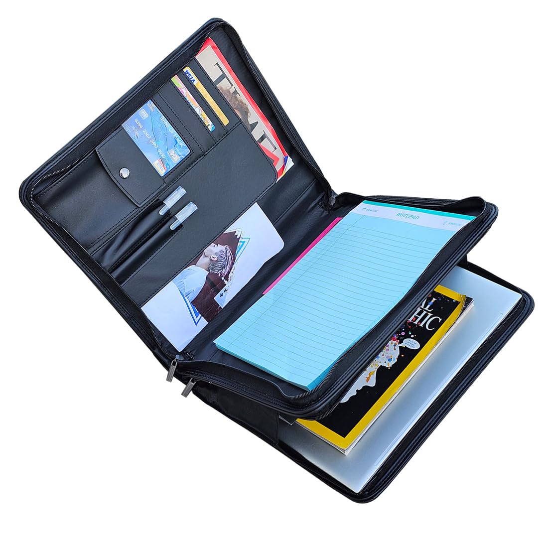 14" Laptop Briefcase, Vegan Leather Portfolio with Zipper Compartments x 2, A4 Papers Holder Padfolio Organizer, Black