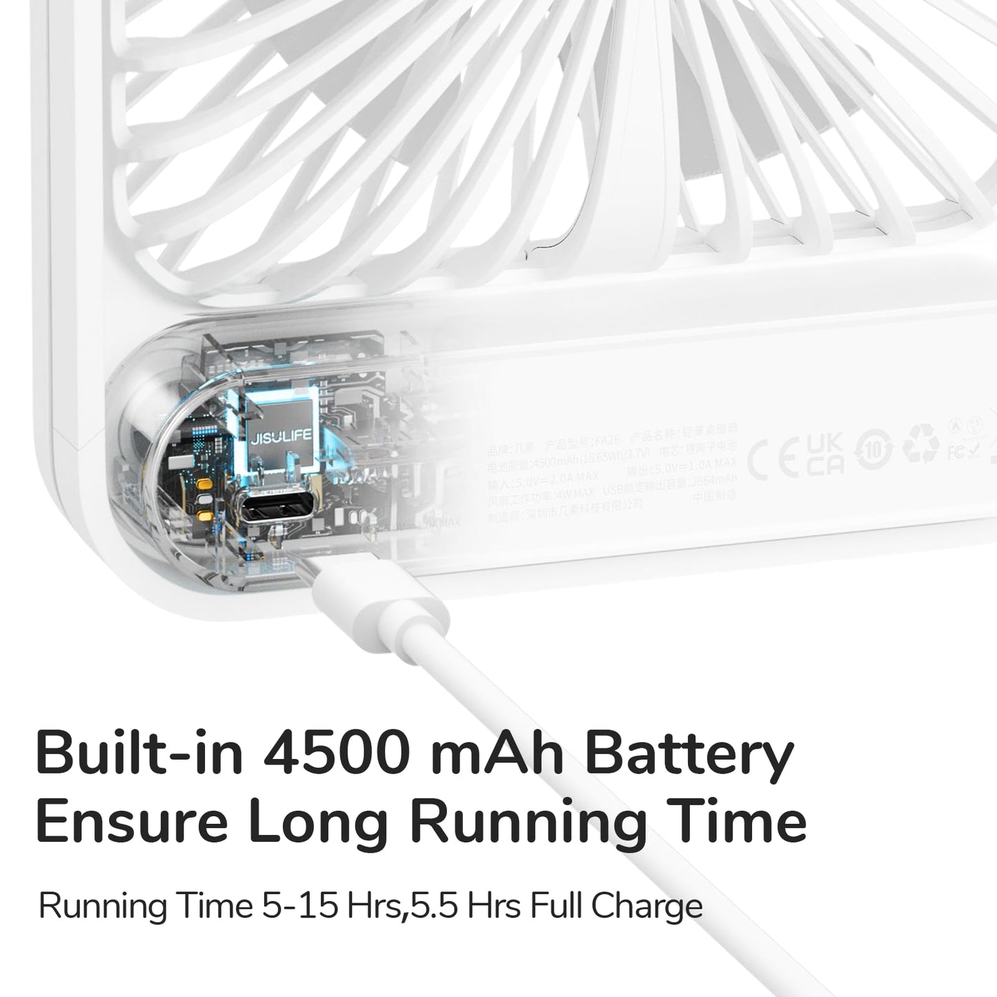 JISULIFE Desk Fan Battery Rechargeable, 4500mAh 180°Foldable Portable Personal Fan, 4 Speeds Adjustable Long Battery-life for Home Office Travel Outdoor-White
