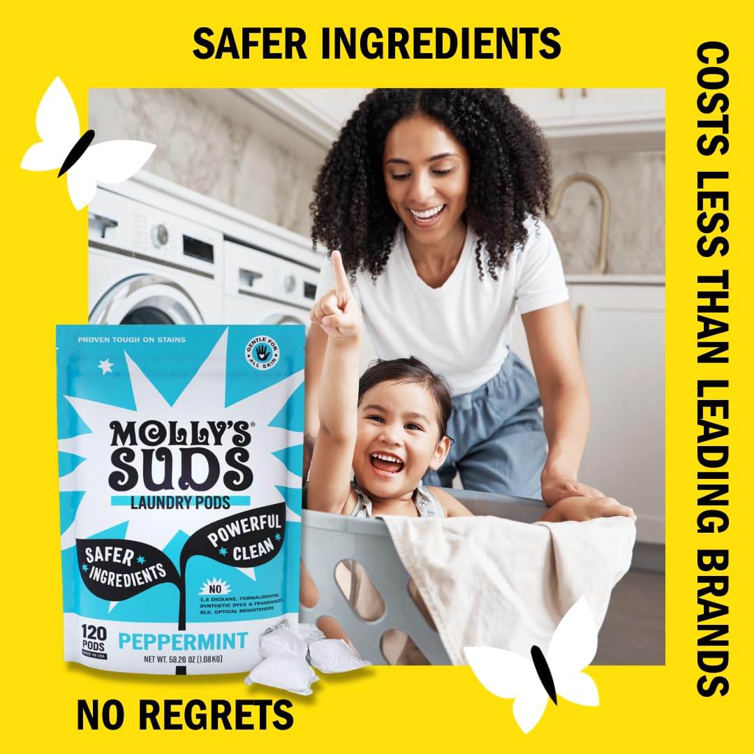 Molly's Suds Laundry Detergent Pods | Clean Detergent for Sensitive Skin | Ultra Concentrated and Stain Fighting | Peppermint - 60 Count