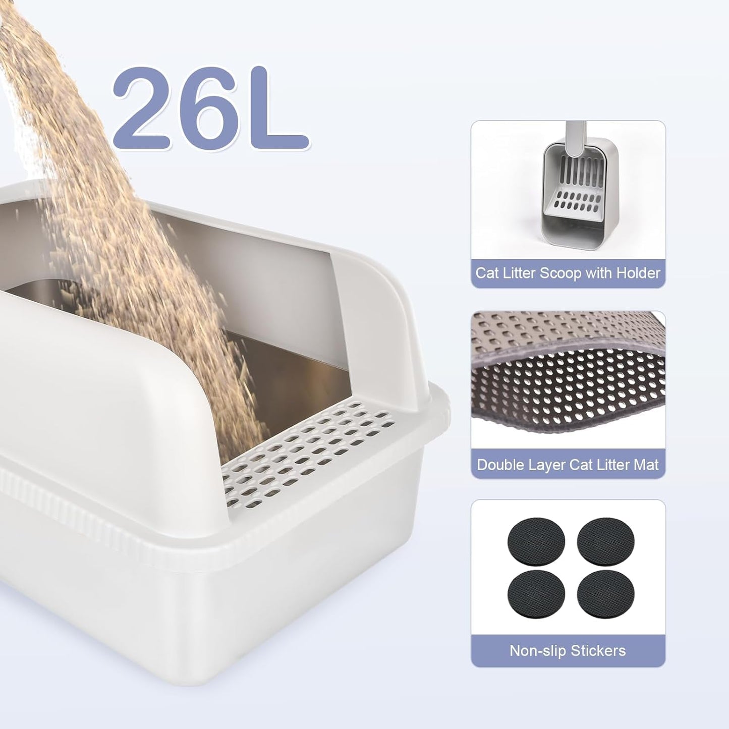 Stainless Steel Cat Litter Box with Lid, 20" L x 14.2" W x 11.8" H, Extra Large Litter Box for Big Cats with High Sided, Anti-Urine Leakage, Easy Cleaning (Light Grey)